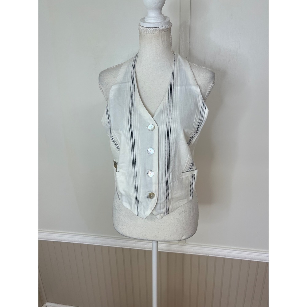 Bécool Women White Blue Pinstripe Halter Vest Button Front Smocked Back Top